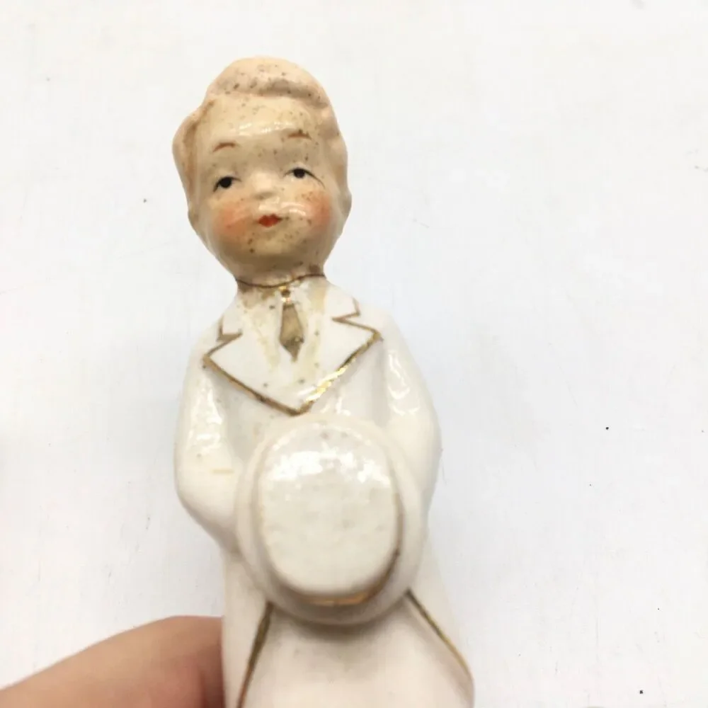 Vtg Porcelain Bride and Groom Wedding Topper White Gold 5” Japan READ Distressed